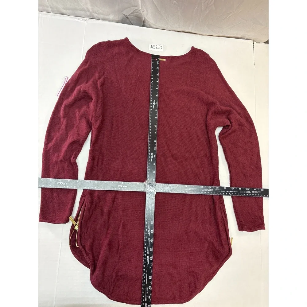 Michael Michael Kors Burgundy Knit Tunic Sweater Side Zippers Crew Neck Womens M